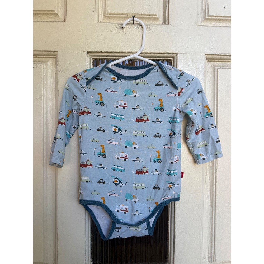 Magnetic Me Light Blue Vehicle Print Long Sleeve Bodysuit Size 3-6 Months